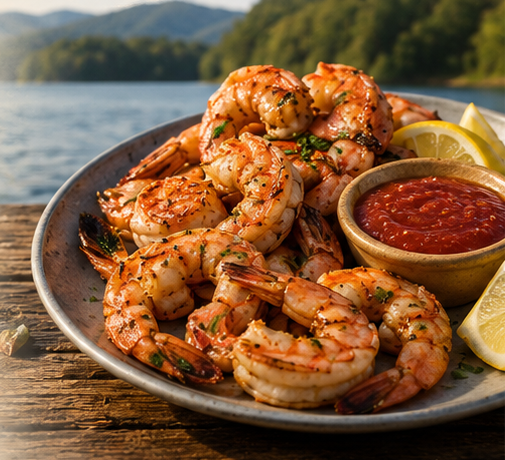 A platter of grilled jumbo shrimp with lemon and cocktail sauce on a dock by a Tennessee lake
